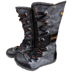 TMA EYES Gray Black Strap Accent Leather Distressed Moto Boots Women's size 7.5